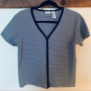 CLEARANCE Basic Editions—Button V-Neck Crop, Black White Stripes (Small) Y2K